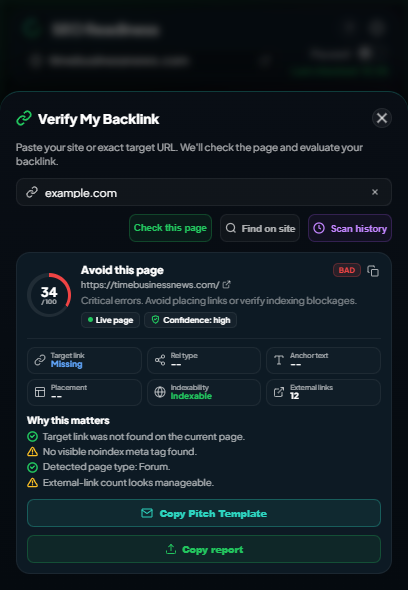 SEO Readiness Link Check verifying an exact backlink page